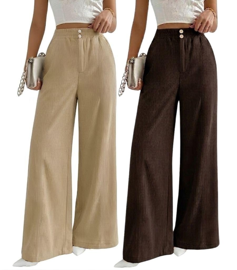 SMOWKLY Authentics Women’s Trendy Casual Corduroy Stretchable Baggy Loose Korean Trouser with Pockets || High Rise Elastic Waist Going Out Lounge Pants || Wide Leg Summer Pants for Woman