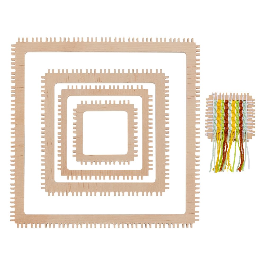 NBEADS 4Pcs 4 Sizes Wood Weaving Loom Kit, Square Knitting Loom Tools Notched Weaving Loom Basket for Adult Beginners Weaving and Weaving Lovers, 2/3/4/6 Inch-image-2