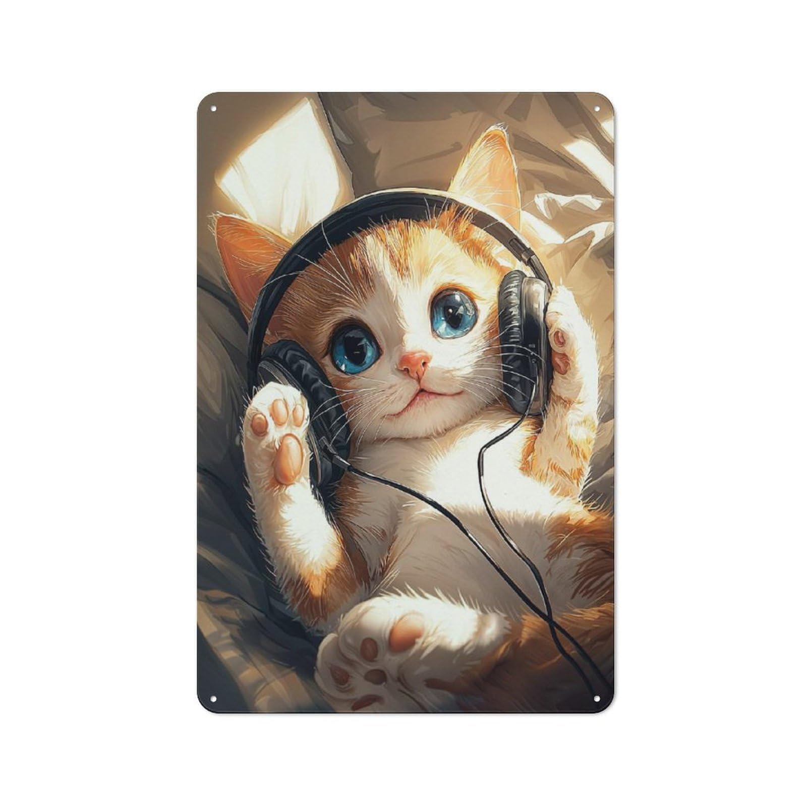 Junmoney Style-10 Retro Tin Sign 30X20cm Featuring Cute Cat With Headphones For Workshop Wall, Gift For Makers And Diy Enthusiasts During The Christmas Season