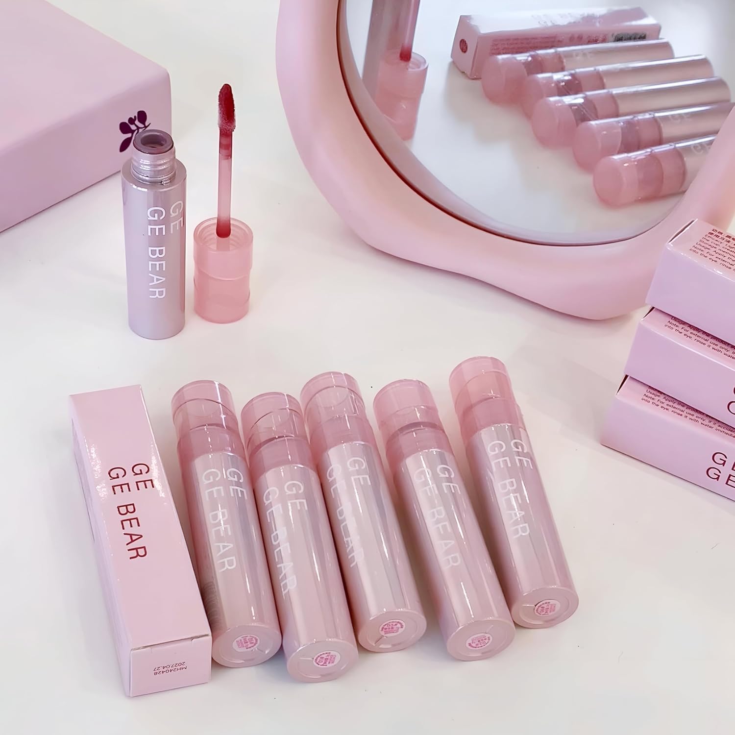 Gege Bear Water Ice Lip Gloss | Non Transfer Smudgeproof Liquid Lip Gloss | Doe Foot Brush Applicator | Light Pink Brown Red Wine Trendy Shades Lipsticks | Long Lasting Waterproof Formula | Gen Z Beauty Must-Have | Glossy Lip Moisturizer | Perfect for Women Girls (01#Drain Peach, 3g)-image-10