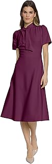 Womens Crepe Fabric Flight Attendant Bow Neck Tie Short Sleeve A-line