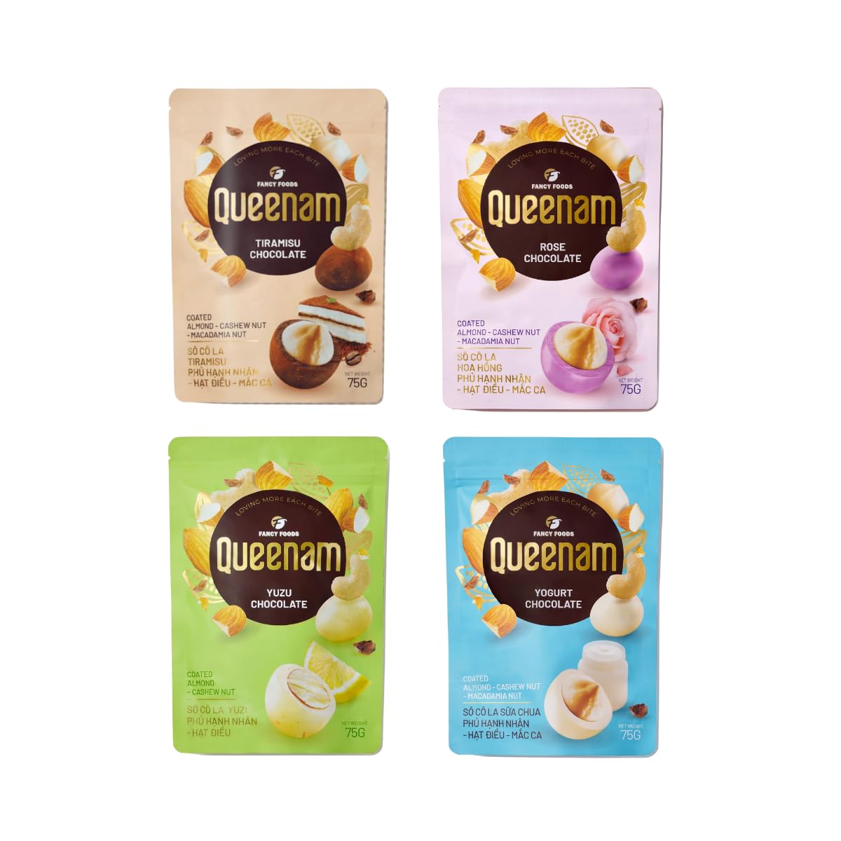 Queenam Premium Vietnamese Chocolate Flavored Nuts – Natural Fruit Flavor Healthy Snack with Almond, Macadamia & Cashew – 75g Bag (8 Signature Flavors)