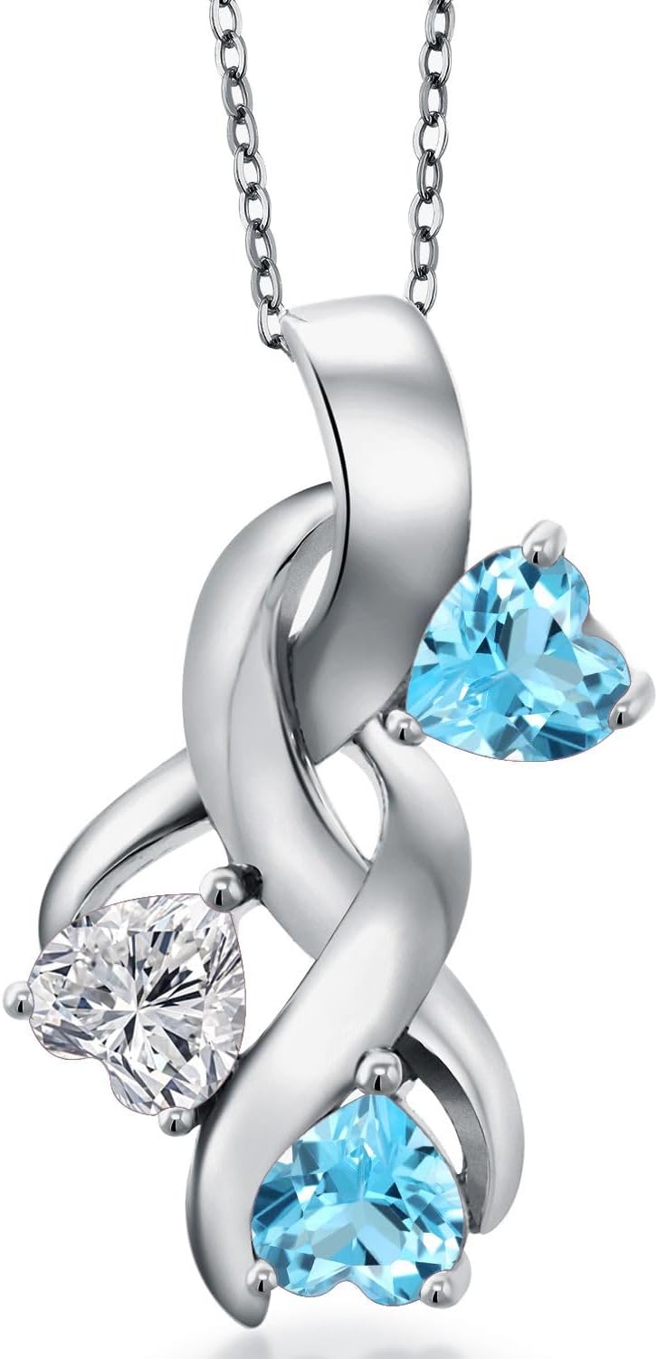 Gem Stone King 925 Sterling Silver Lab Grown Diamond and Swiss Blue Topaz Pendant Necklace for Women | 1.54 Cttw | Gemstone April Birthstone | Heart Shape 5MM | With 18 Inch Chain