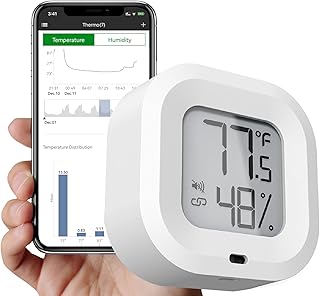 Humidity Thermometer Hygrometer Wireless Temperature Sensor SensorBlue LCD Gauge Greenhouse Room Cellar Indoor Outdoor Monitor Bluetooth Smart APP Meter Data Storage Export Alert Notification Humidors Digital Hygrometer Remote (1pack)