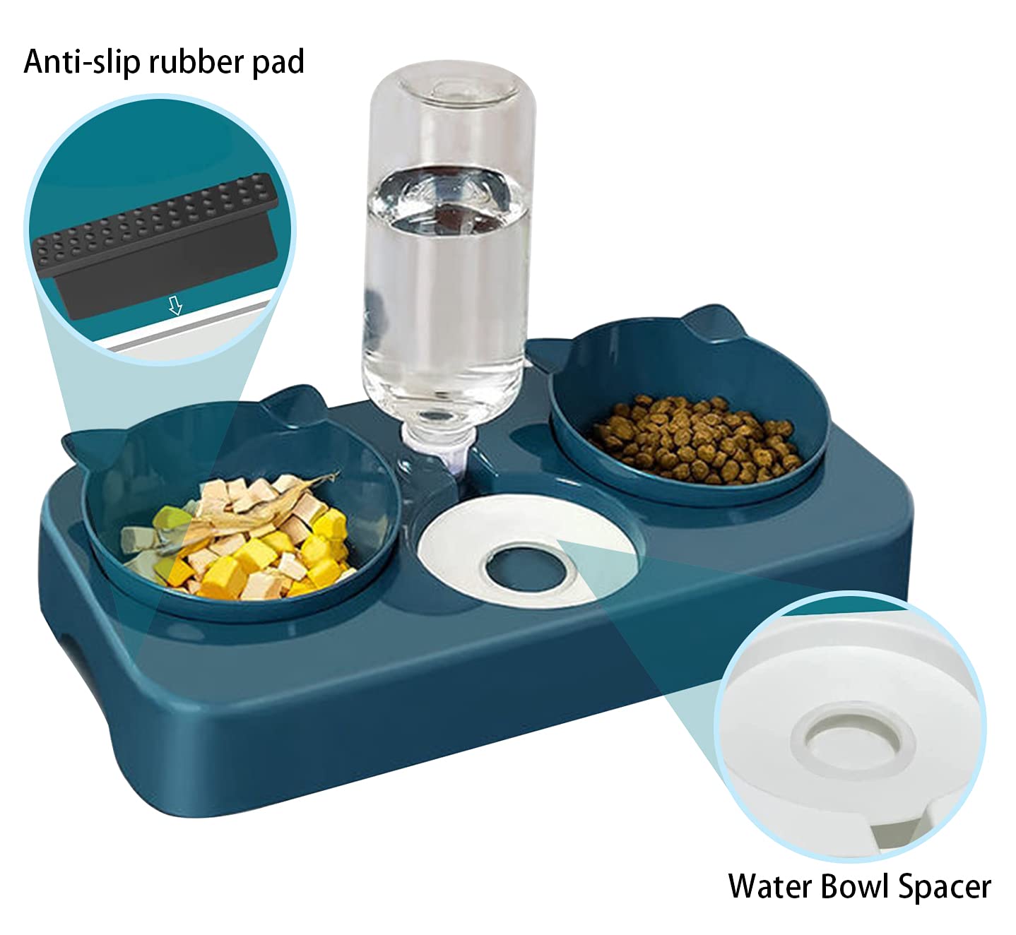 3 en 1 Cuenco del Gato Cuenco,Cuenco Doble para Mascotas,Comedero para Perro Gato,Agua de Gravedad y Cuenco de Comida Doble para Mascotas como Perros y Gatos (Azul)