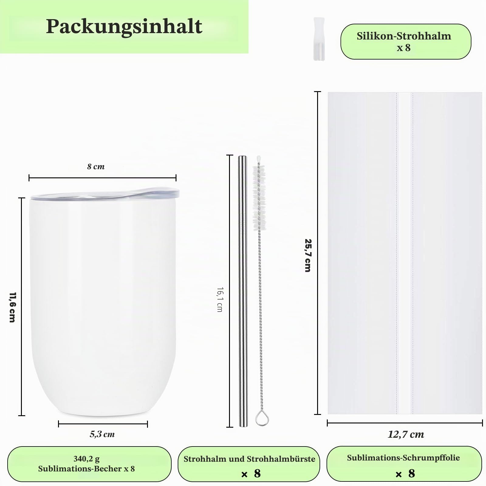 Draheri 12 oz Sublimation Wein Tumblers Rohlinge Masse, Edelstahl Doppelwandige Isolierte Sublimation Tassen mit Stroh und Schilfbürste, Einzeln verpackt (8 Pack)