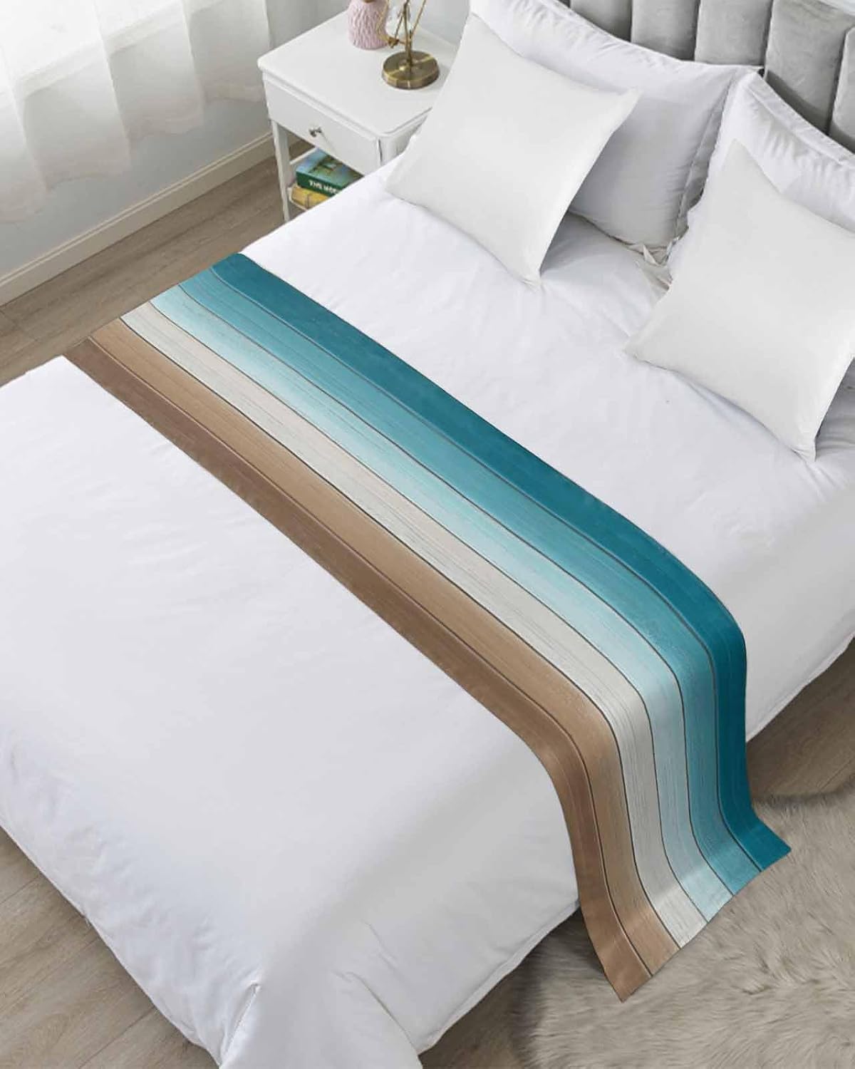 Turquoise Brown Bed Runner Scarf King Size, Farmhouse Retro Wooden Grain Striped Luxury Bed Throw Runners & Scarves for Twin Full Queen King Foot of Bed, Bedroom Hotel Wedding Room Decoration, 94"x20"
