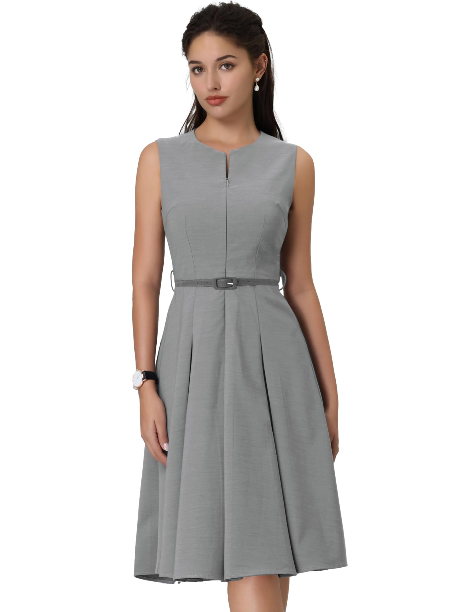 Hobemty Women's A-Line Dress Sleeveless Zip Up Office Work Flare Pleated Dresses with Belted