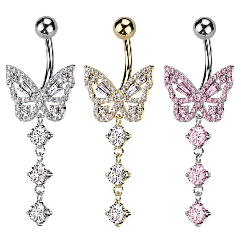 Bauch-nabelpiercing Schmetterling Anhänger Silber Gold Clear Pink Nabel-Piercing Chirurgenstahl Bananabell Stab-länge 10-mm
