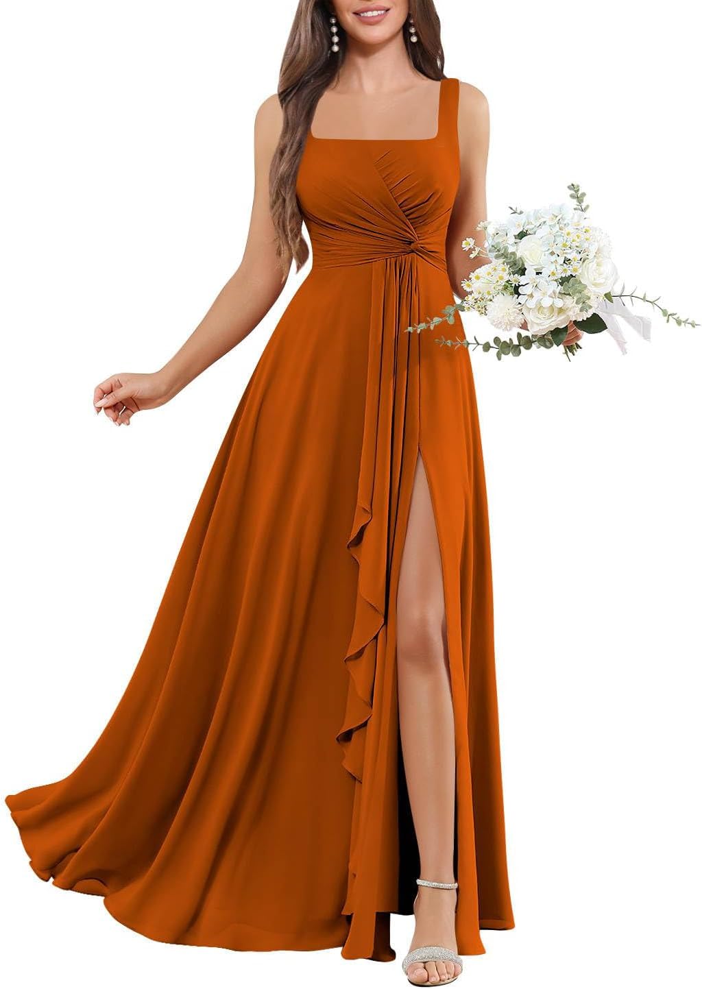 Chiffon Square Neck Bridesmaid Dresses Lace up Back Wedding Guest Dress Floor Length Formal Dresses for Women
