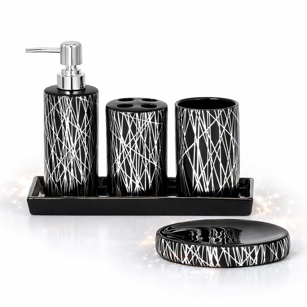 Home Harbour Modern Bathroom Collection | Set of 5/6 Bathroom Accessories | Soap Dispenser, Toothbrush Holder, Storage Holder, Tumbler, Tray Dish | Silver & White Décor (Set of 5 Collection Black)
