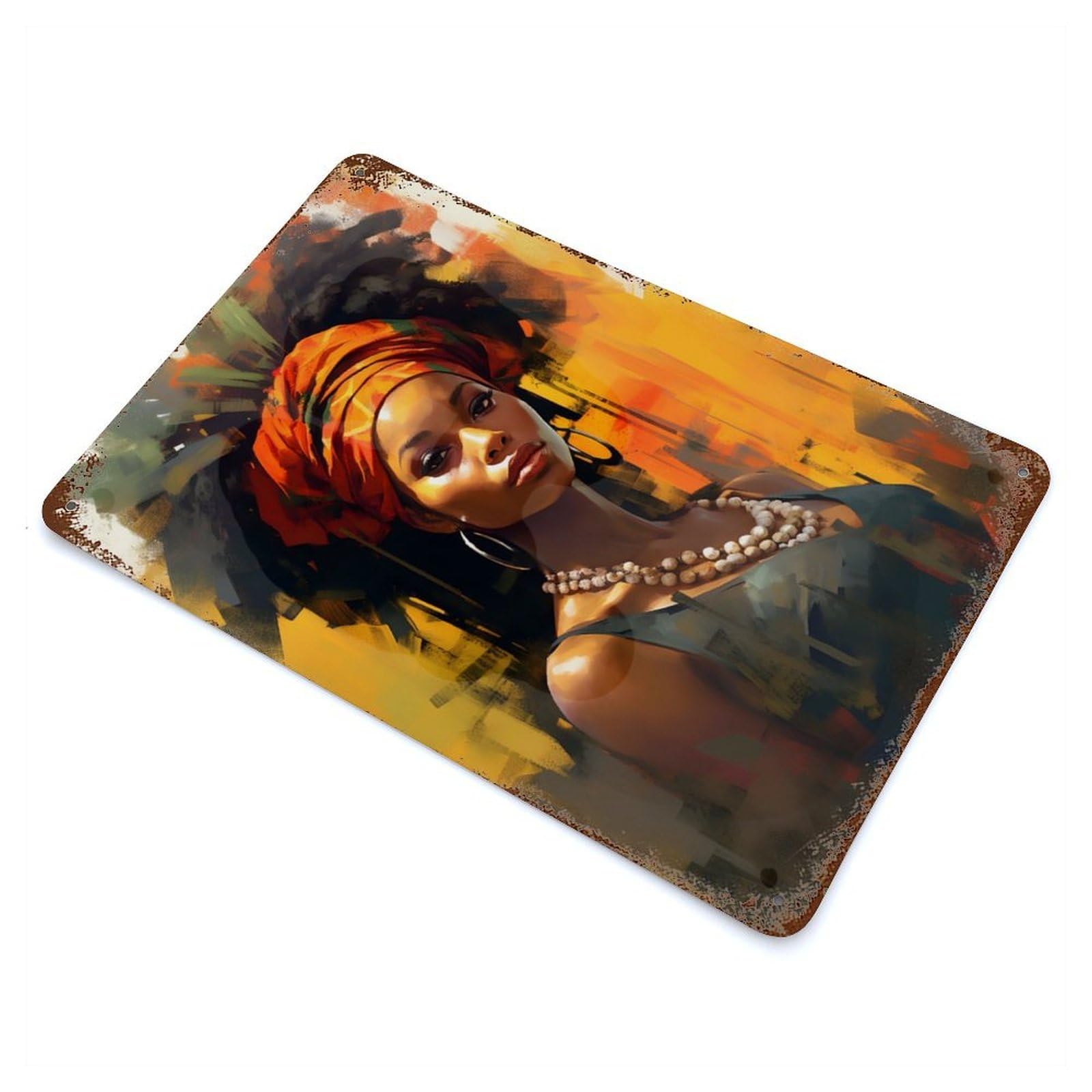 Painted African Woman Rustic Tin Plaque 11.8"x7.9", for Shed, Workshop And Garage Wall Decor, Shabby Chic Decor