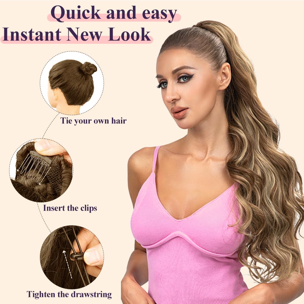 20inch Ponytail Extension, Drawstring Ponytail Hair, Blonde Highlights, Natural Long Curly Wave Layered Synthetic Pony Tails - Image 3