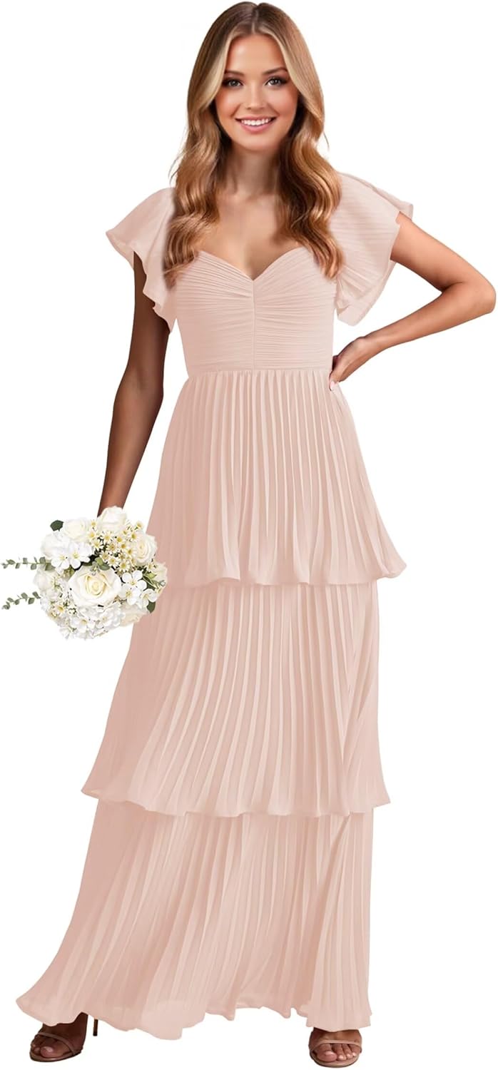 Blh Pink Chiffon Ruffles Pleated Wedding Guest Bridesmaid Dress for Women Pl Size Tiered A Line Formal Prom Gown Sweetheart Short Sleeve Princess Birthday Party Dress for Teens Size 18W