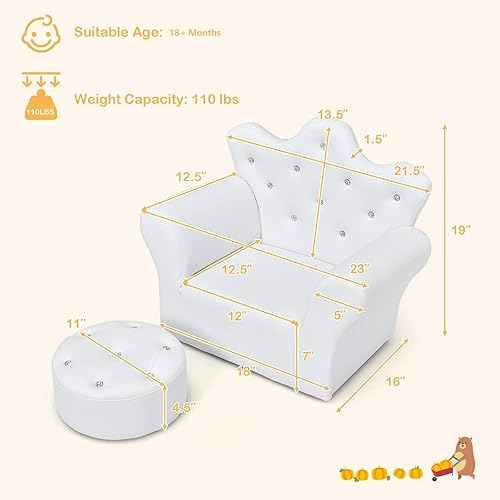 Miniatura 3 de Costzon Sofá para Niños, Sofá Tapizado para Niños con Otomán, Sofá de Princesa con Decoración de Diamantes, Otomán, Silla de Cuero PVC Suave para