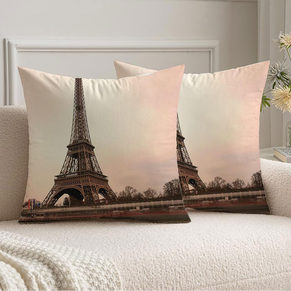 Pack of 2 Velvet Square Pillow Covers 20 x 20Long Exposure Eiffel Destination Tower Paris Iron France Storm Transportation Landmarks Heart Sena Farmhouse Boho Pillow Covers for Sofa Couch Home Décor