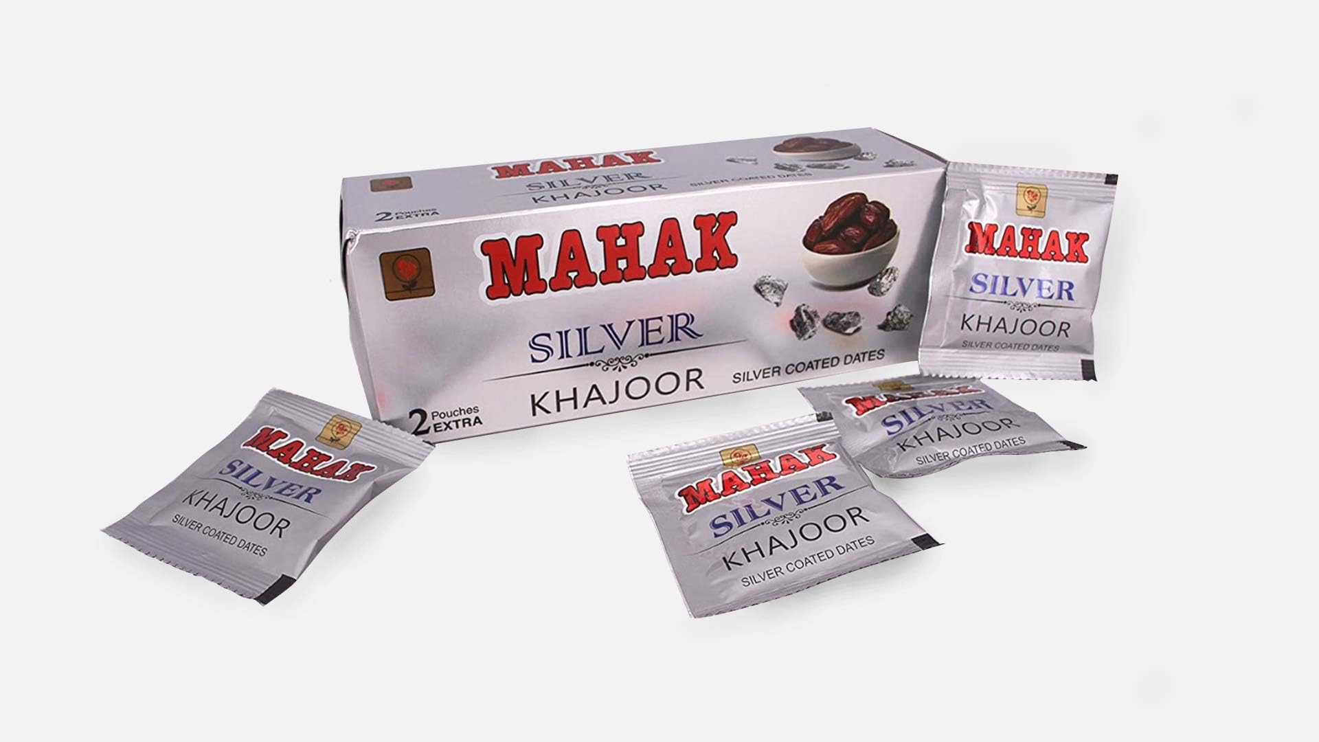 Spyke Mahak Silver Khajoor, Silver Coated Dates, 30 Pouches + 2 Pouches Free (Pack of 2)