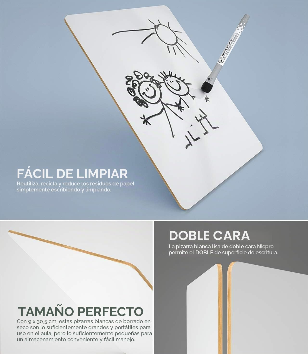 Nicpro 6 Piezas A4 pizarra blanca, Pequeño Tablero Blanco 22 x 30 cm Doble Cara con 18 Rotulador y 6 Borrador para Alumno Colegios, Oficinas