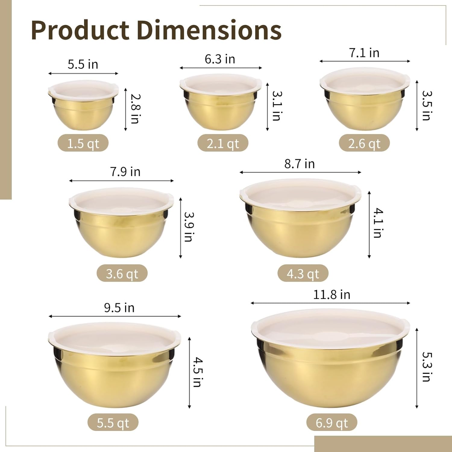 7 PCS Golden Mixing Bowls with Lids Set - Stainless Steel Salad Bowls with Airtight Lids, Mirror Finish Nested Mixing Bowl, 7 Sizes from 1.5 qt to 6.9 qt for Baking, Meal Prep, Food Serving - Image 4
