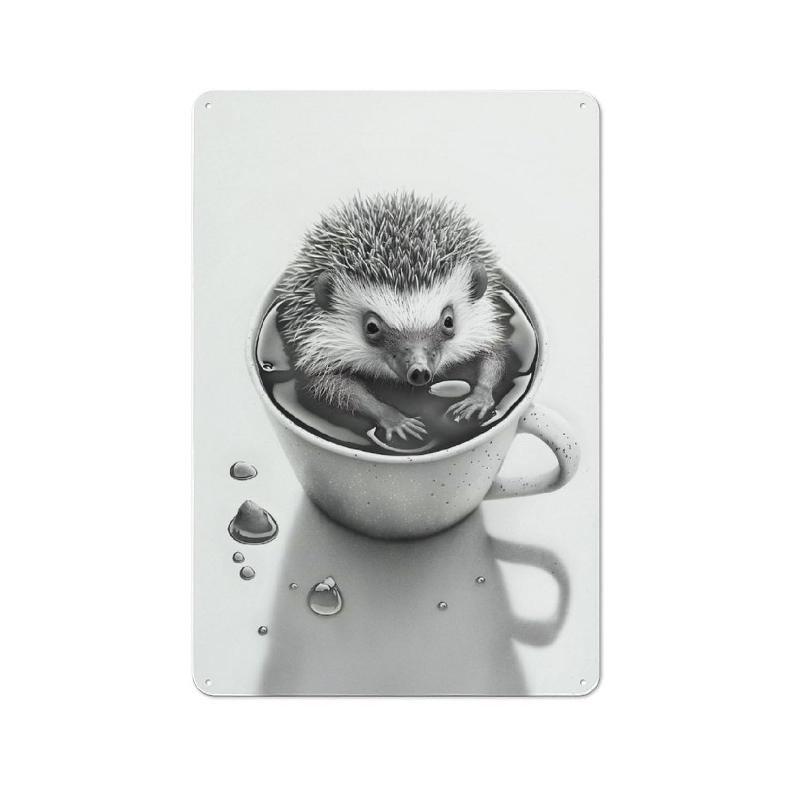 Country Metal Sign with Hedgehog Coffe Design 30x20cm, Barn Style Farmhouse Wall Decor for Farmhouse Kitchen, Pantry Or Dining Area