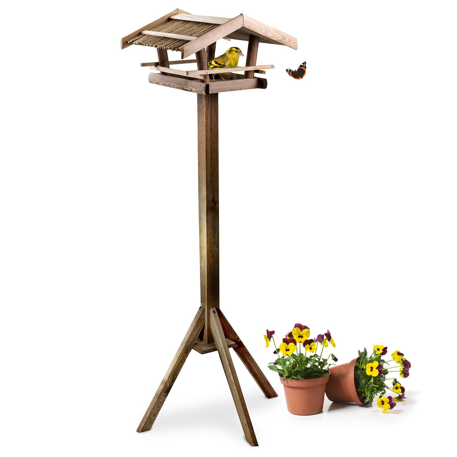 GARTENETAGE Vogelhaus mit Reetdach/Vogelfutterhaus aus Holz/Vogelhaus mit Ständer wetterfest/Vogelhäuschen für Balkon und Garten, handgefertigt/Futterhaus für Vögel