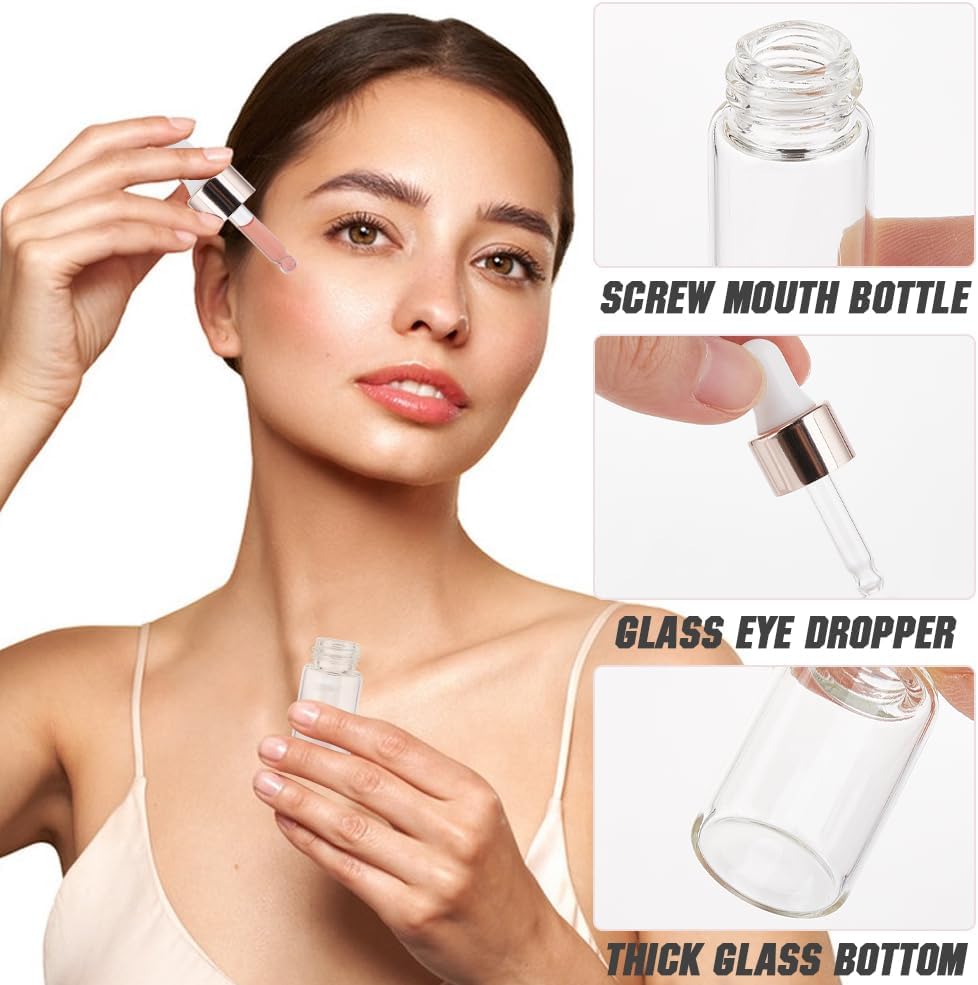 GORGECRAFT 30Pcs Glass Dropper Bottles 5ml 3ml 1ml Empty Mini Bottles with Dropper Pipettes Funnel Rosy Golden Aluminum Alloy Cap Refillable Sample Container Set for Perfume Essential Oil