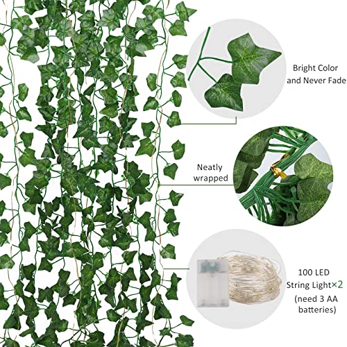 Recutms Ivy Fake Vines 24 Pack 173 Ft Artificial Ivy With 200 Led String Light Leaves Wall Decor Leaf Plants Vines Greenery Garland Hanging Plant Vine For Room Garden Office Wedding Wall Decor #TOP2