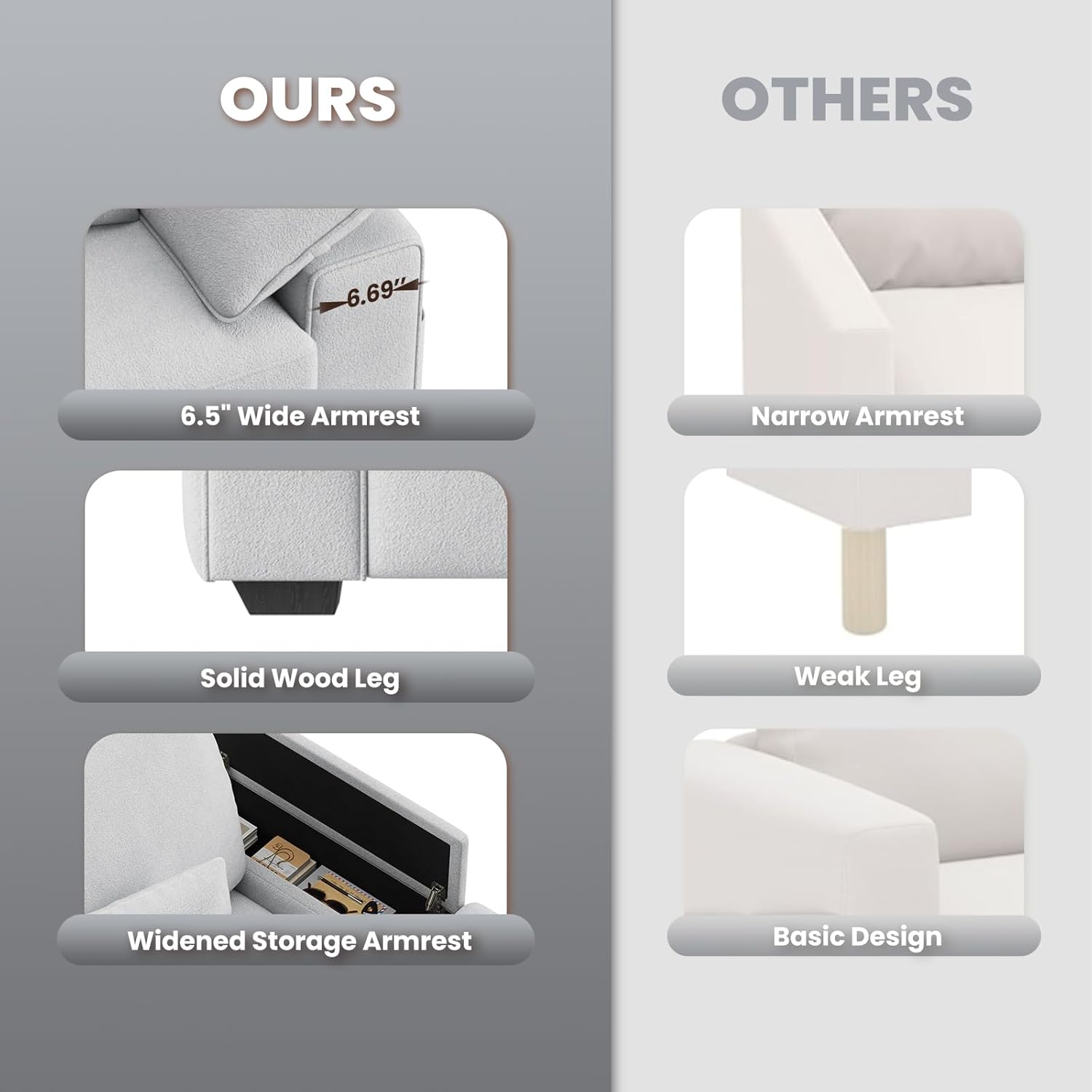 89" Modern Sofas for Living Room, Comfy Sofa with Deep Seat Couch, USB/Type-C Port, Side Storage, Removable Cover, Couches for Living Room, Apartment, Light Grey - Image 6