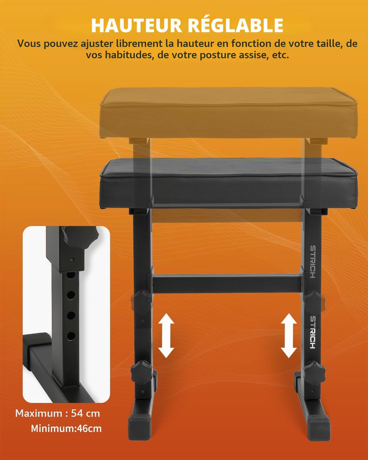 STRICH SPB-M50 Tabouret réglable pour clavier de musique avec coussin rembourré pour musiciens Noir