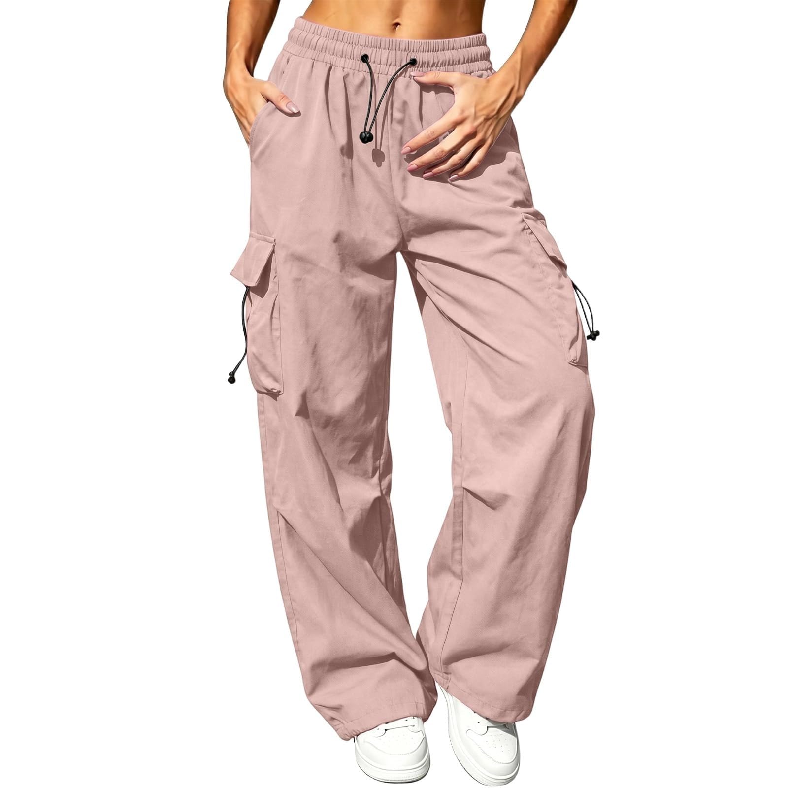 Womens Parachute Cargo Pants Trendy Y2K Baggy Trouser Lightweight Wide Leg Casual Travel…