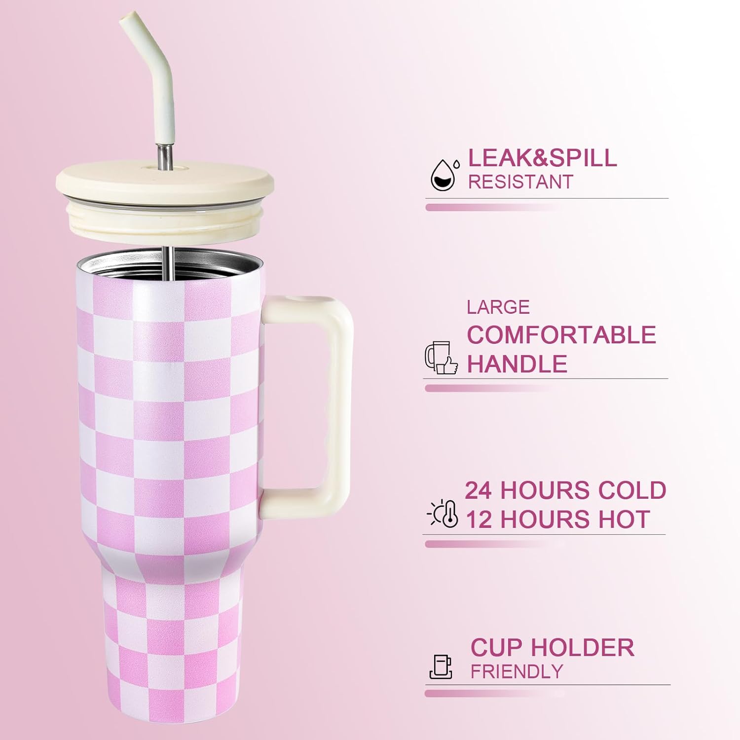40 oz Tumbler with Handle, Checkered Insulated Tumbler Stainless Steel Vacuum Water Bottle Cup Travel Coffee Mug Gifts for Women Wife Sister Boss Lady Birthday Christmas, Blush - Image 3