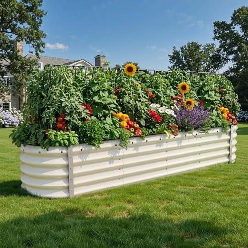 YITAHOME 8x2x1.5ft Raised Garden Bed Kit, 17" Tall 9 in 1 Large Galvanized Metal Planter Box with Gloves & Safety Rubber, Outdoor Flower Bed for Plants Vegetables Flowers, Cream Yellow