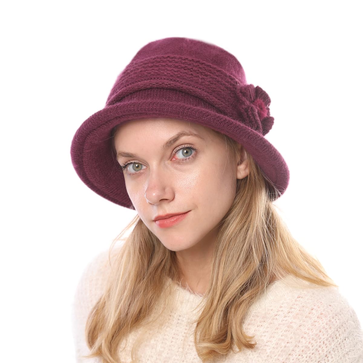 iNszkoos Women Wool Knit Winter Cloche Hat Ladies 1920s Retro Flower Bowler Bucket Hat Soft Peaked Warm Hat Derby Church Hat,Red
