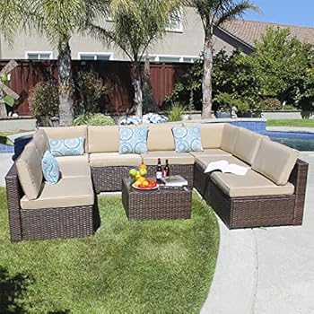 Alternative view of Patiorama Outdoor Furniture Sectional Sofa Set (9-Piece Set) All-Weather Brown Wicker with Beige Seat Cushions &Glass Coffee Table| Patio, Backyard, Pool| Steel Frame