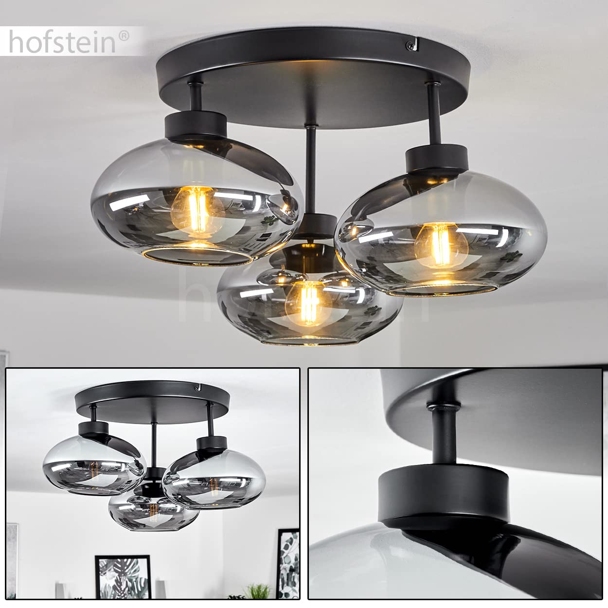 Lampada da soffitto Haikala, lampada da soffitto in metallo/vetro in nero/fumo, lampada retrò/vintage, 3 x E27, paralumi in vetro fumé, senza lampadina/e