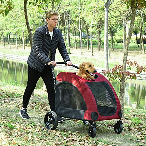 PawHut Pet Stroller Universal Wheel with Storage Basket Ventilated Foldable Oxford Fabric for Medium Size Dogs, Red - Image 3