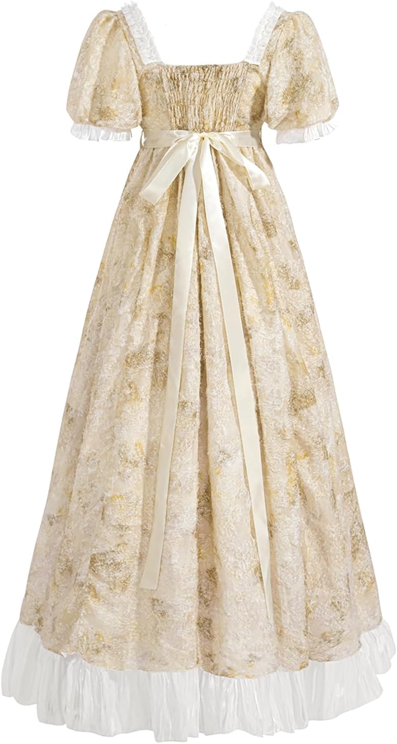 NSPSTT Regency Dresses for Women Feather Jacquard Empire Waist Costume Floral Tea Party Dress Gown - Image 2