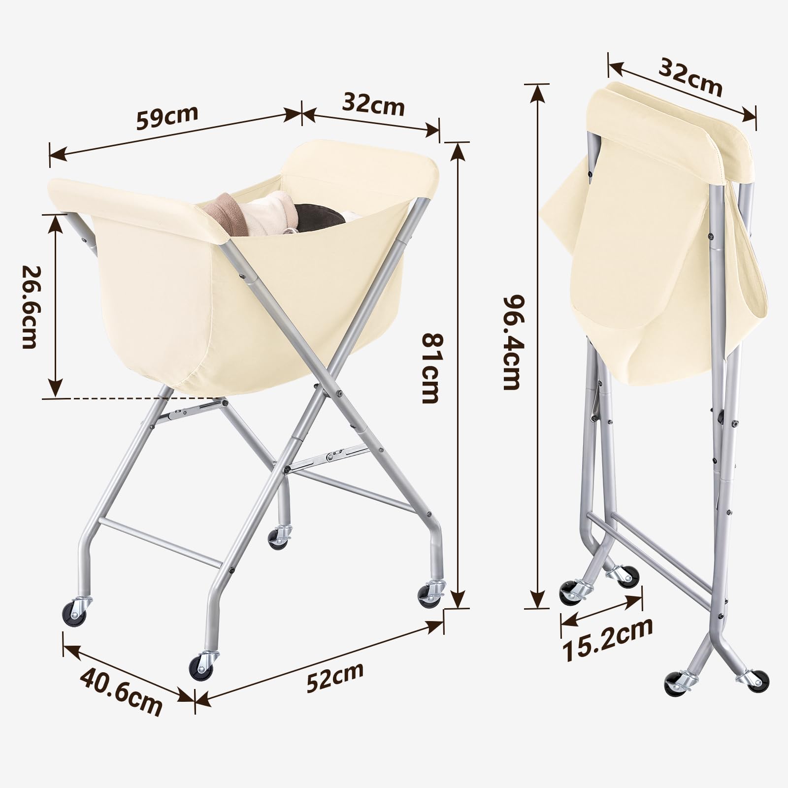 ELYKEN Carrello per bucato con ruote, cesto portabiancheria facile da rotolare da 81 cm di altezza con sacchetto interno removibile da 52 L, robusto cesto per vestiti con struttura in metallo e 4