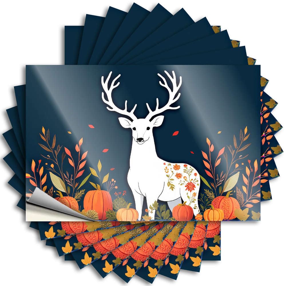 Funny Sticker Decor for Man Cave Easy Apply | A White Deer with Floral Patterns Surrounded By Pumpkins and Autumn Leaves. Coastal Garage Peel and Stick(6X9CM)