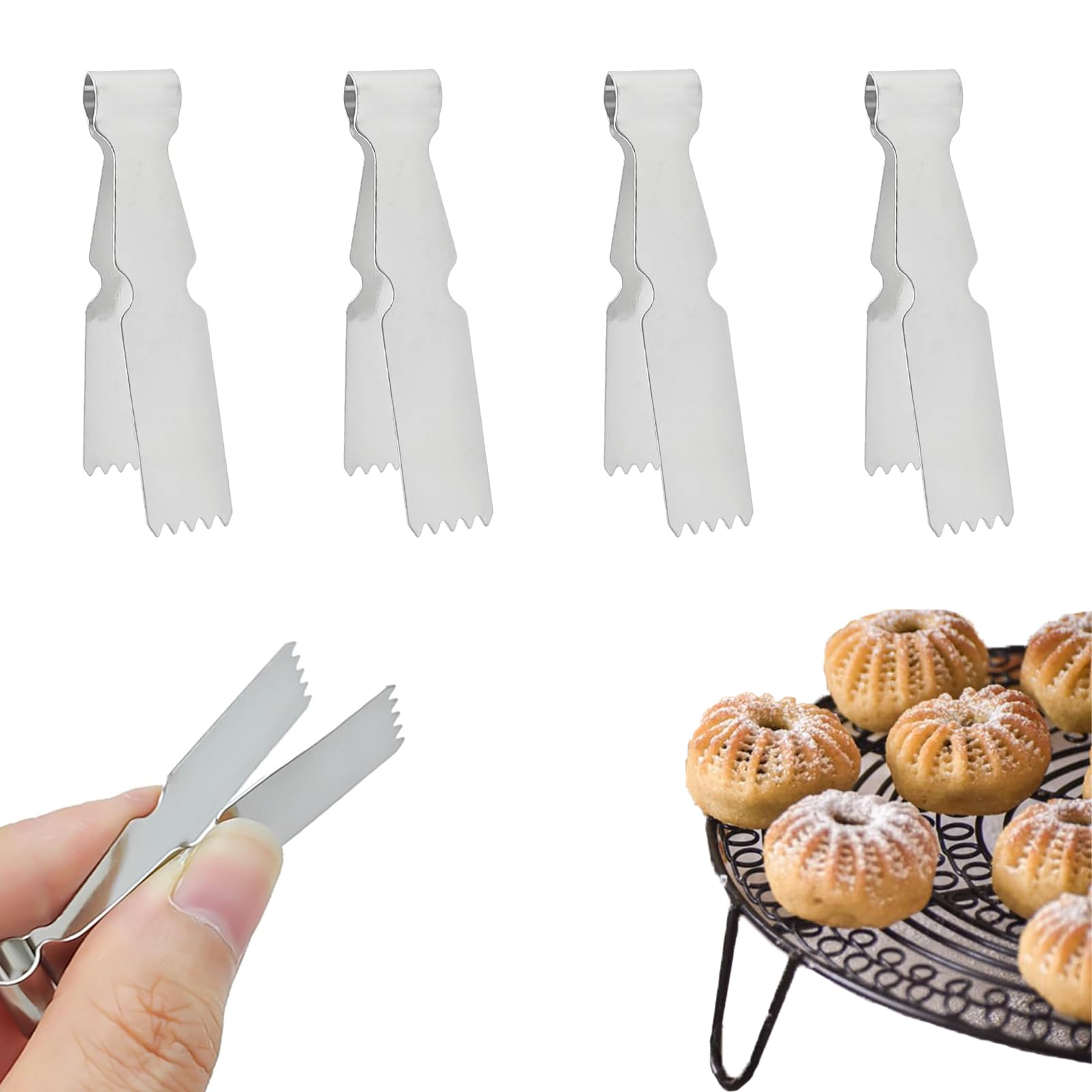 JINGEGECOME 4Pcs Pastry Tweezers Tongs, Maggash Pastry Tools Cookie Maker Dough Scraper Press, Stainless Steel Pastry Tongs Baking Crimper Tool for Decorating Maamul and Pie Crusts,Sealing Cookies.