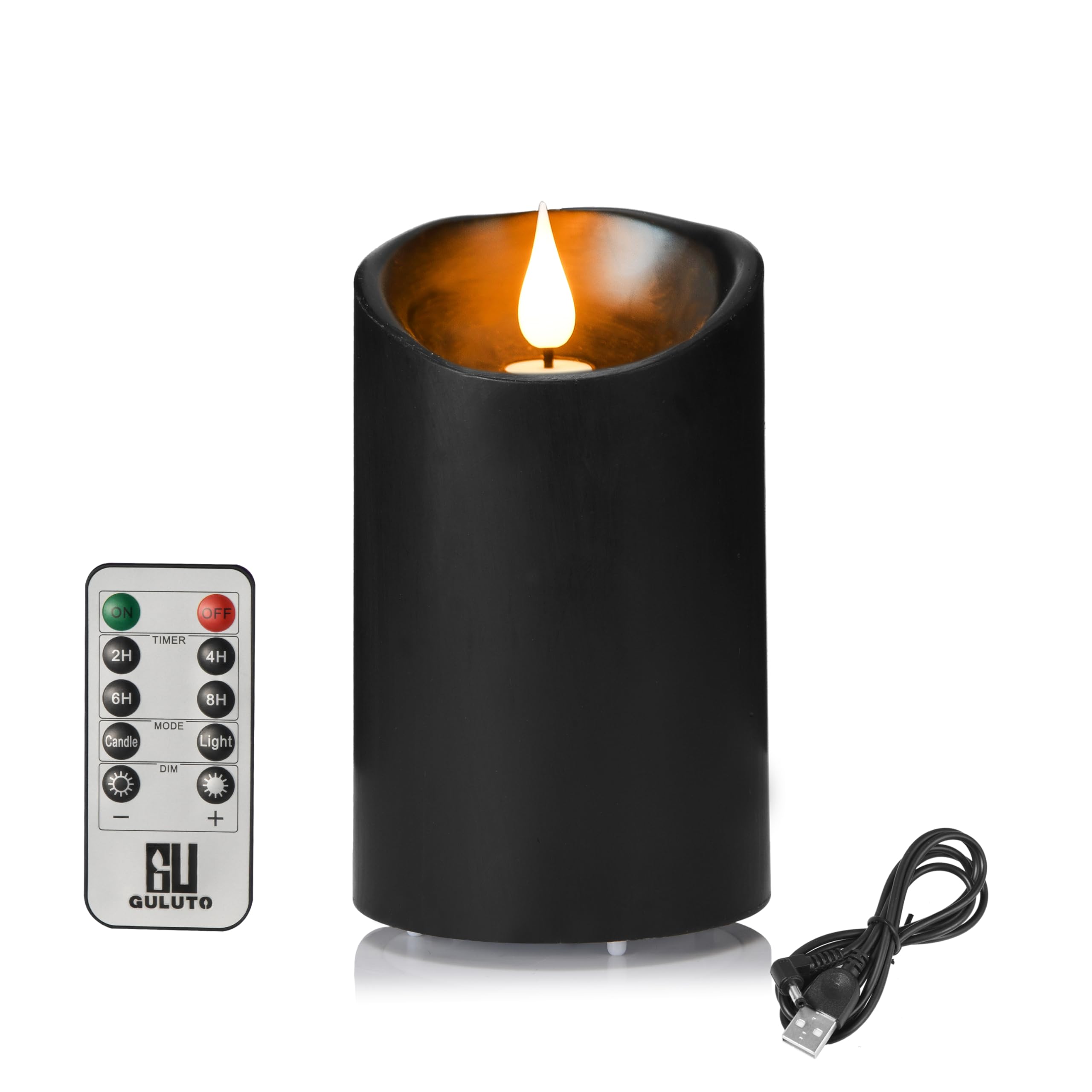 Guluto Rechargeable Candles, Flameless Candles with Remote and Timers, Flickering Battery Operated Candle Real Wax Black USB Candle 3D Wick for Home, Wedding, Christmas 3" x 4"
