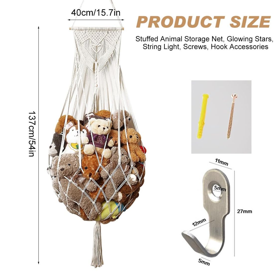 Cuddly Toy Storage Net Boho Macrame Plush Toy Net Stuffed Toy Hammock Hanging Organiser for Bedroom, White, 40 cm x 137 cm x 2 cm - Image 2