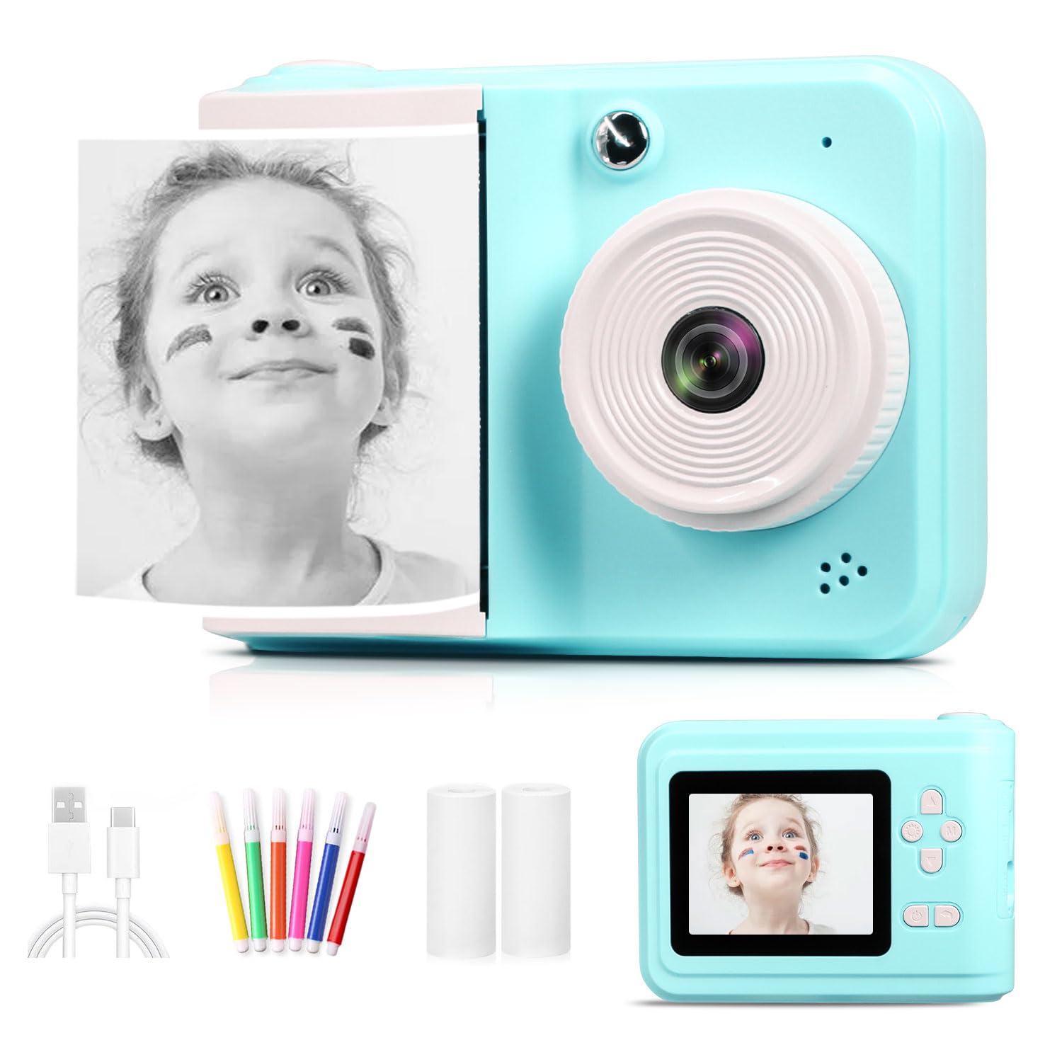 Kids Instant Print Camera, 27MP 1080P Digital Camera, Instant Printer with Photo Paper & Colored Pen, Blue-image-45
