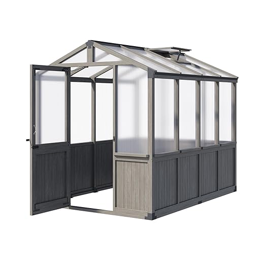 6x8 FT Outdoor Wooden Greenhouse with Automatic Roof Vent, Sturdy Polycarbonate Panels & Lockable Door, Professional Walk-in Greenhouse for Vegetables & Plants