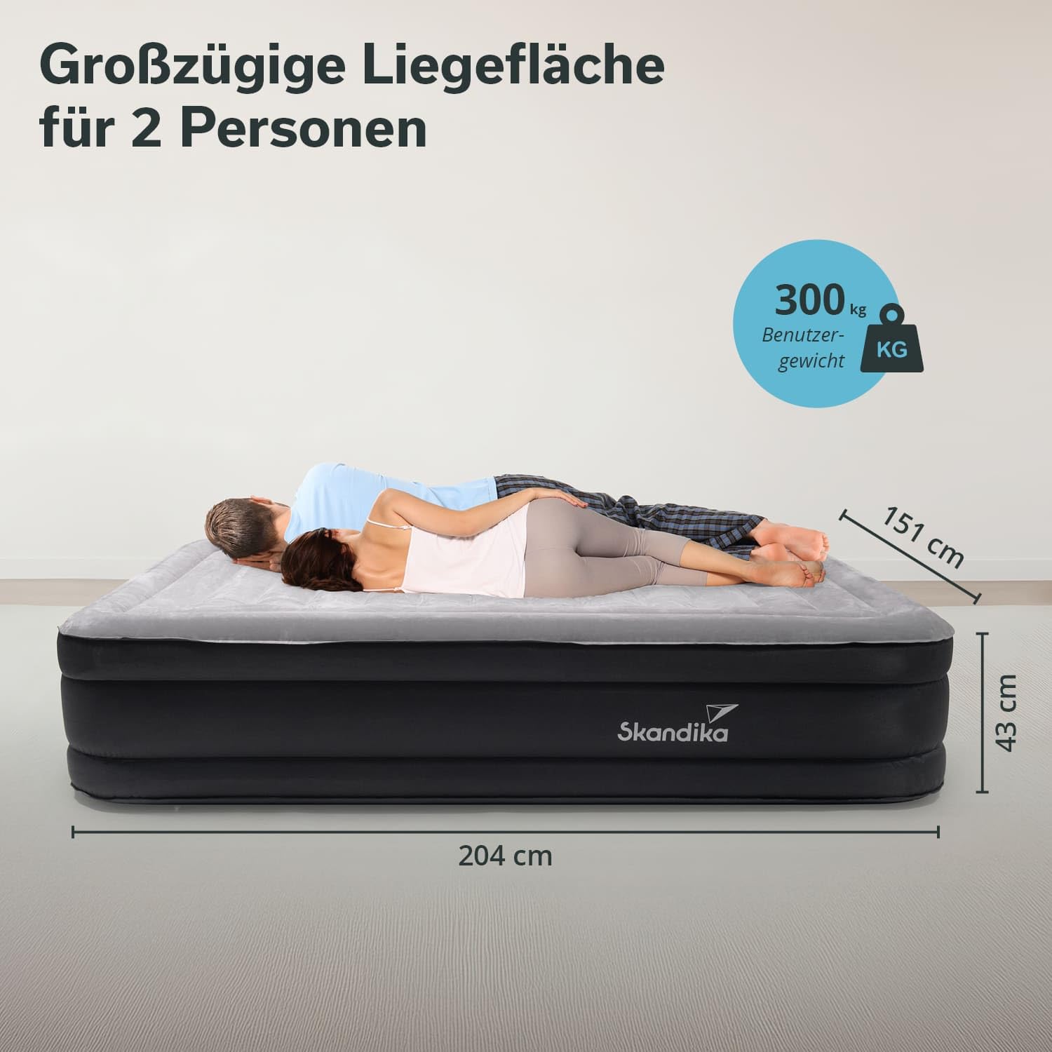 Skandika Doppel Luftmatratze Sveja Flex | aufblasbare Matratze, für 2 Personen, Luftbett selbstaufblasend mit Pumpe, 204 x 151 x 43 cm, 300 kg belastbar, Tragetasche | Luftmatratzen, Zelt, Camping