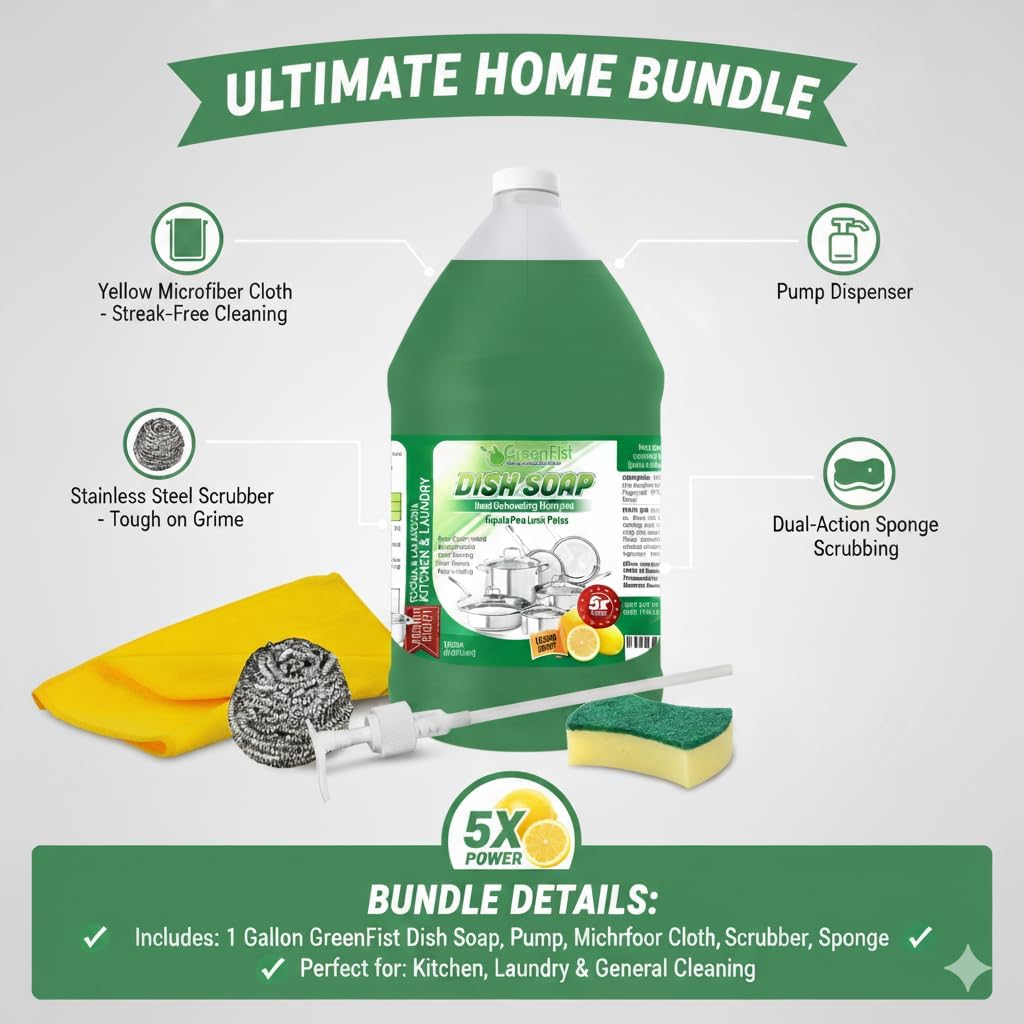 GreenFist Dish Soap Ultimate Kitchen Kit – Pump, Towel, Sponges & Scrubbers, Complete Cleaning Bundle – 1 Gallon, Lemon Scent