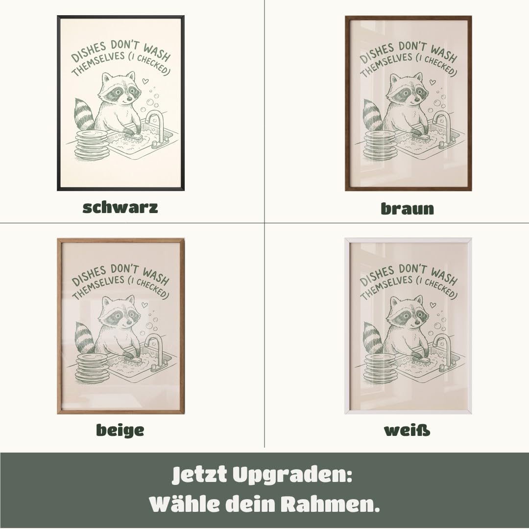 MJ-GRAPHICS® Poster Waschender Waschbär Kunstdruck humorvoll Wandbild Cartoon Stil minimalistisch Küche Deko lustig Tiermotiv Wanddeko Skizzenoptik Wohnzimmer A2 mit weißem Rahmen