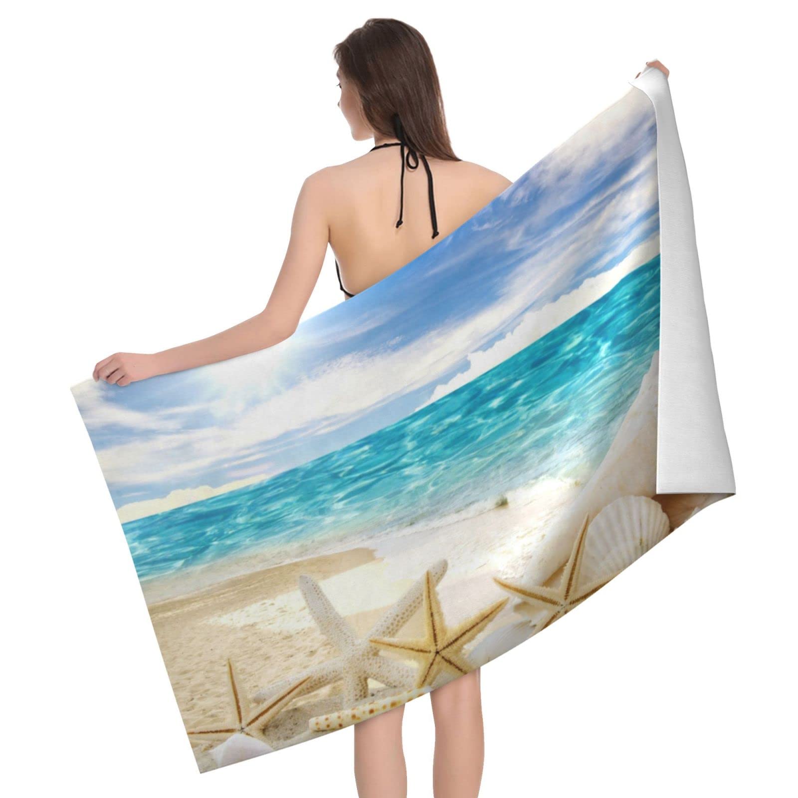 Lawenp Summer Sea Beach Seashell Beach Towel, Lightweight Sand Free Quick Dry Microfiber Absorbent Bath Towel for Kids, Adults, Swimming, Bath, Yoga, Pool, Travel, Camping 32"X52"