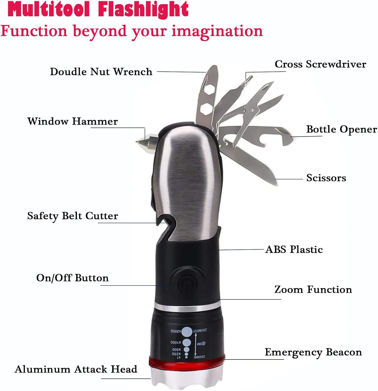 Multi Tool LED Flashlight All In One Tool Light Tactical Torch for Cars Emergency Camping with Glass Breaker and Seat belt Cutter(Black)