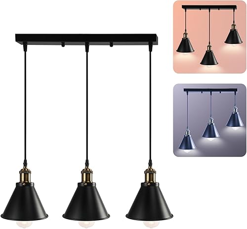 Miniatura 6 de FIRVRE Lámpara colgante industrial de 3 luces, luces colgantes de metal ajustables negras, enchufe de base E26, lámpara colgante de techo para